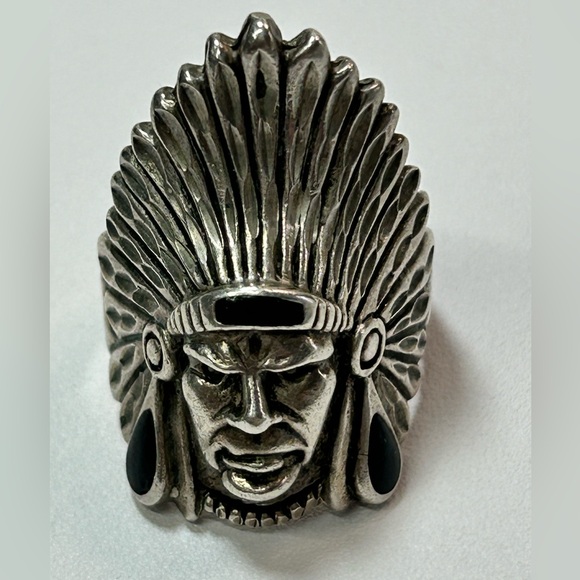 Vintage Signed Ted Ott Sterling Silver 925 Native Indian Chief Onyx Headdress - Picture 7 of 9